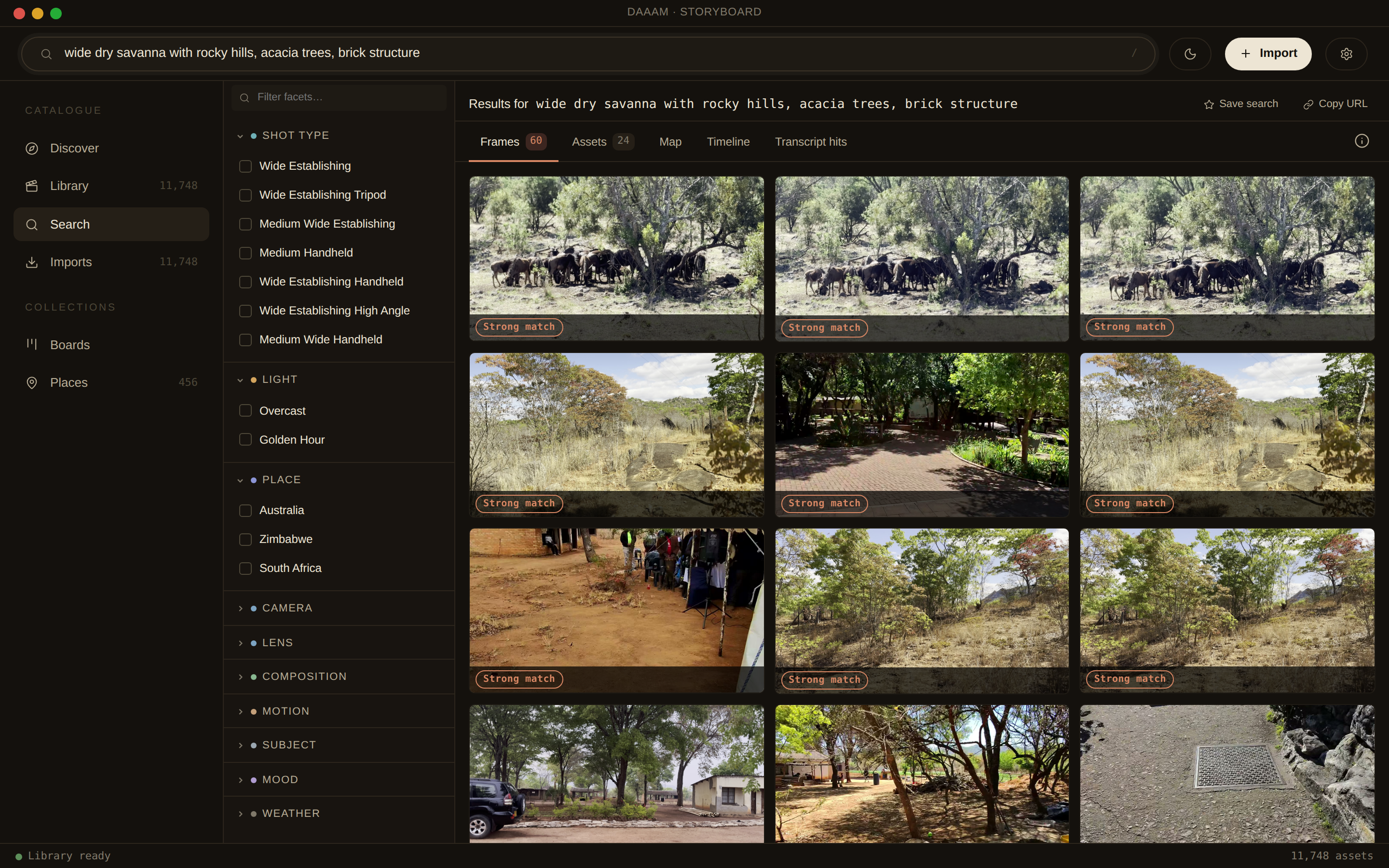 DAAAM searching “wide dry savanna with rocky hills, acacia trees, brick structure”
