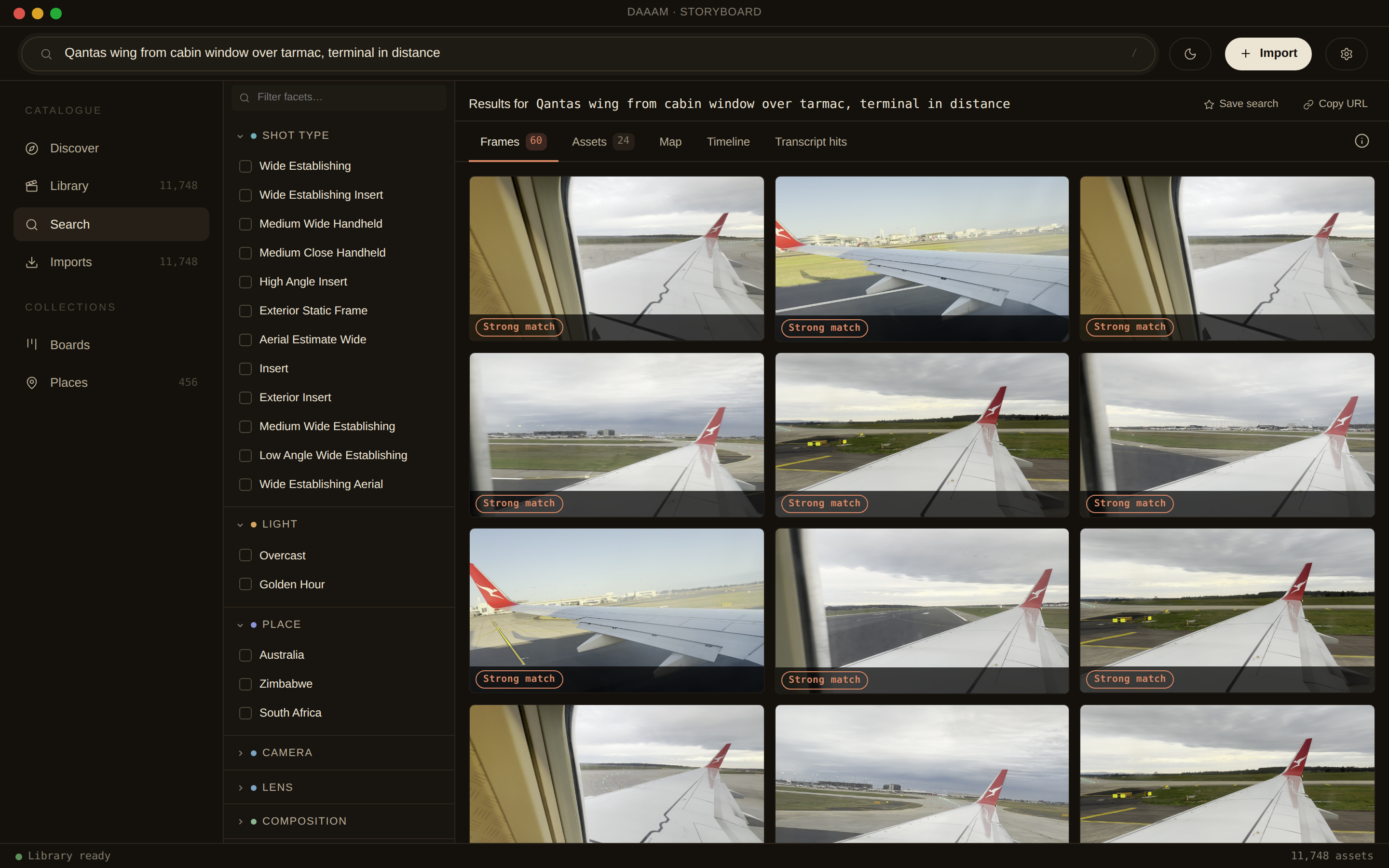 DAAAM searching “Qantas wing from cabin window over tarmac, terminal in distance”