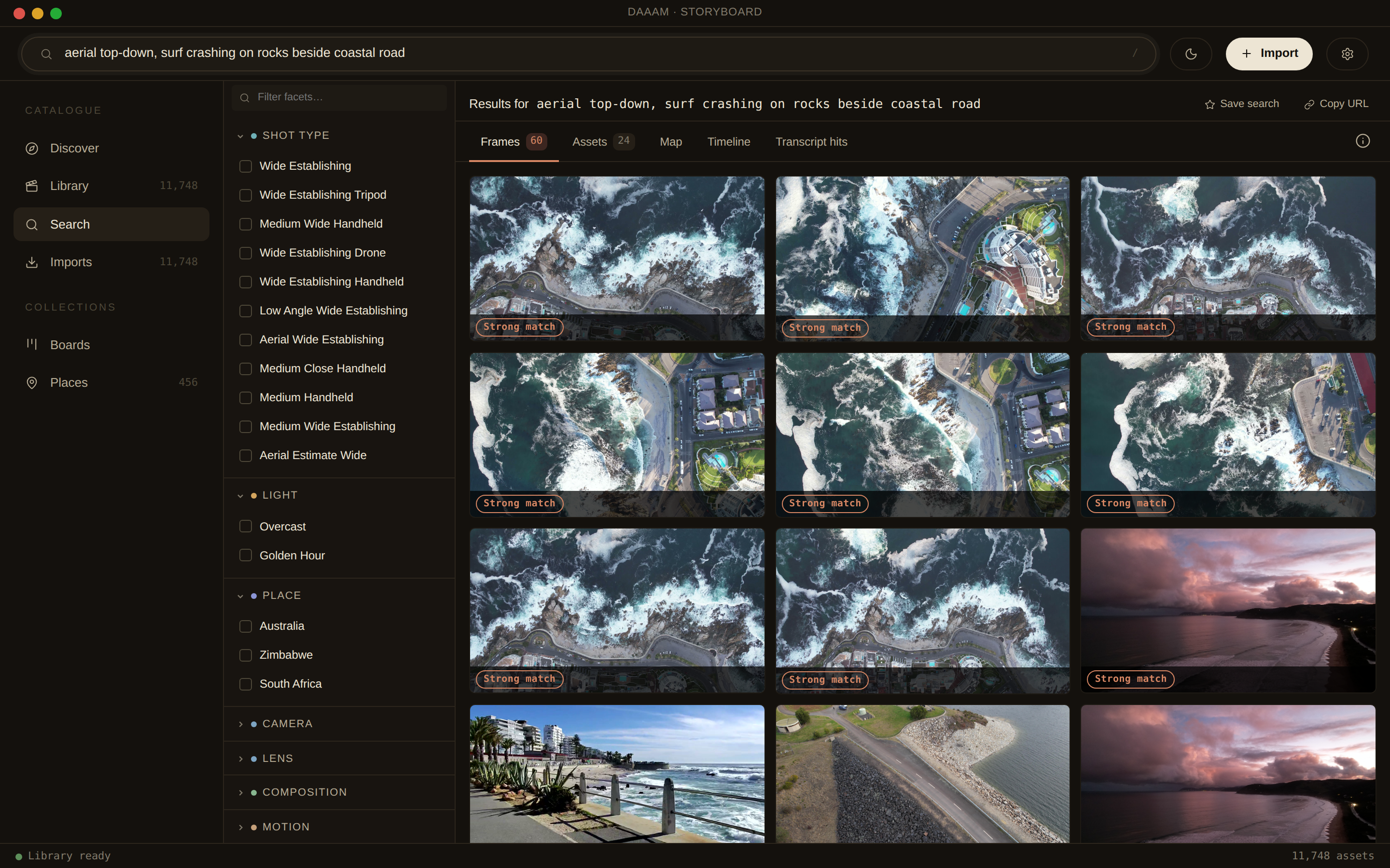 DAAAM searching “aerial top-down, surf crashing on rocks beside coastal road”